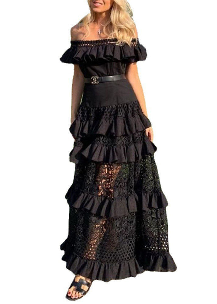 French White Ruffled Hollow Out Lace Maxi Dresses Summer - View 5
