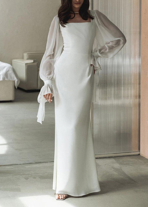 Square Neck Sheer Puff Sleeve Ribbon Tie Cuff Ruffle Trim Maxi Gown - View 2