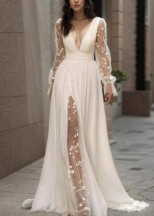French White V Neck Backless Chiffon Robe Dresses Summer - View 5