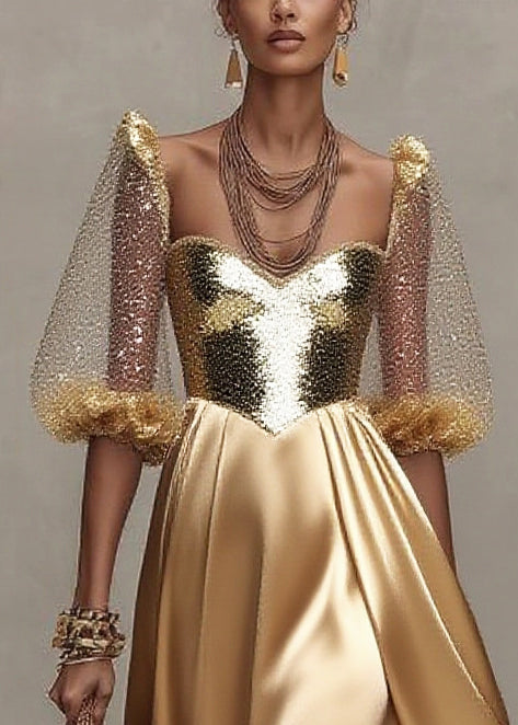 Sequin Sweetheart Puff Sleeve Bustier Ruffle Hem Maxi Evening Dress - View 2