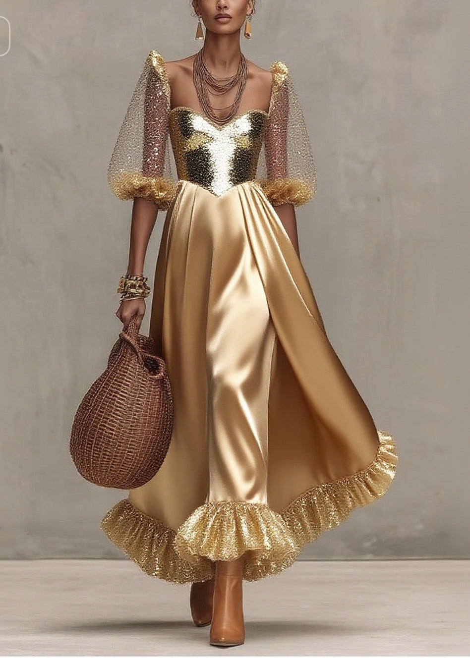 Sequin Sweetheart Puff Sleeve Bustier Ruffle Hem Maxi Evening Dress - View 5
