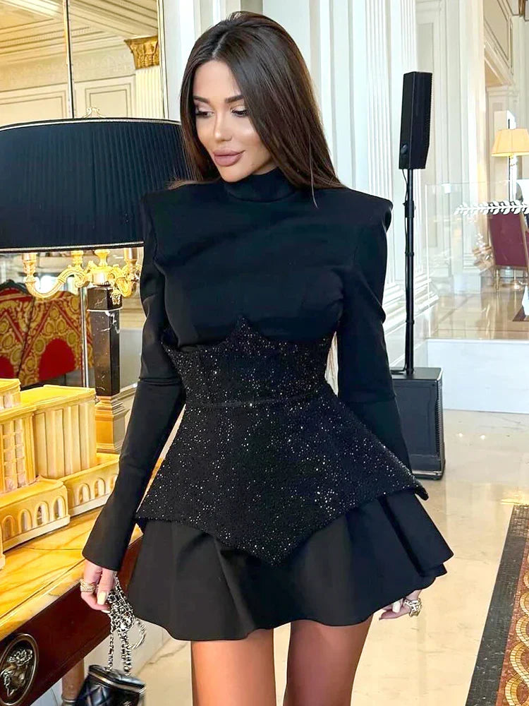 Long Sleeve High Neck Rhinestone Corset Ruffle Mini Dress - View 2