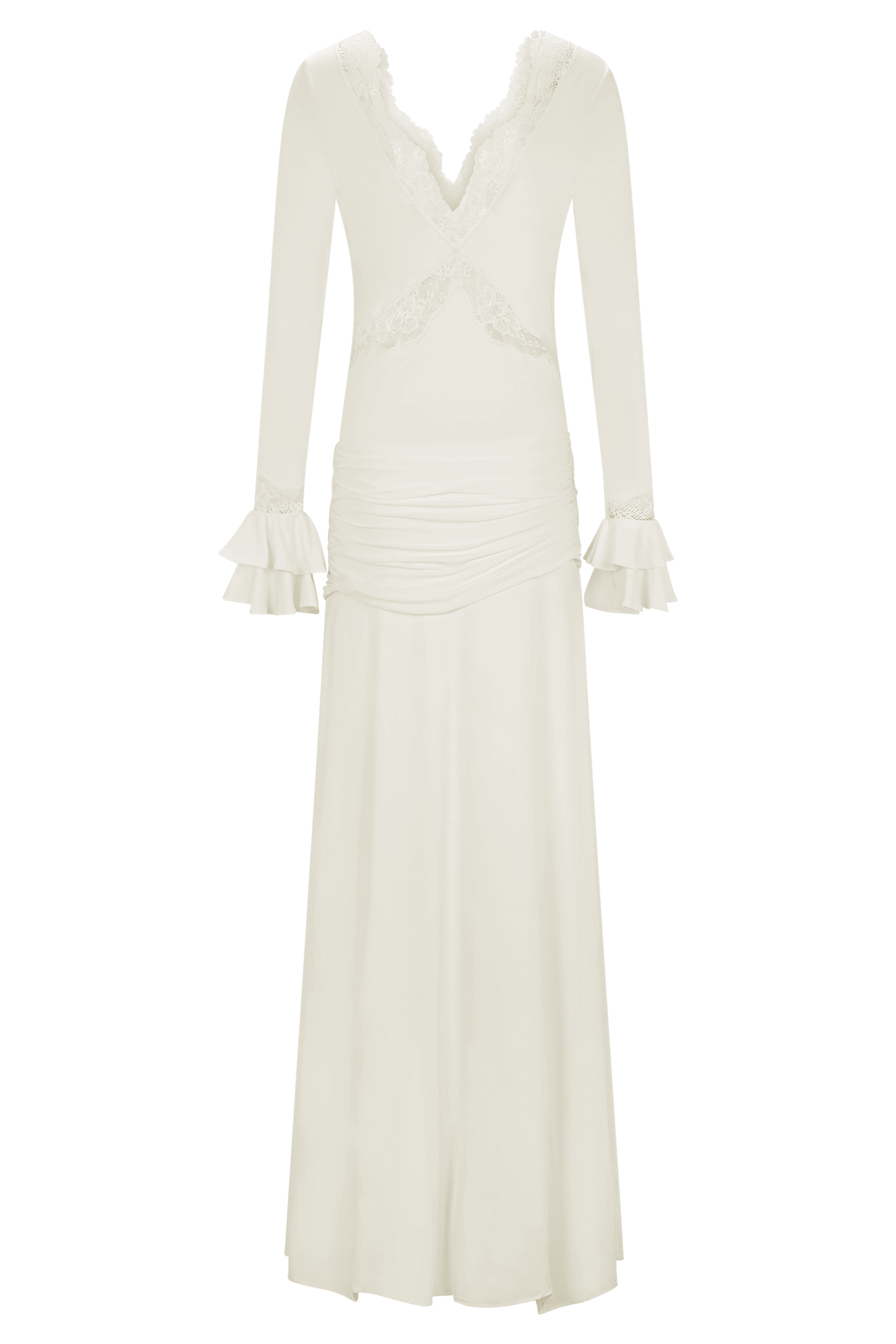 V-Neck Long Sleeve Lace Trim Ruched Maxi Dress 10