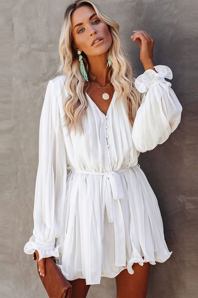 Pleated Deep V-Neck Balloon Sleeve Tie Waist Mini Dress - View 2
