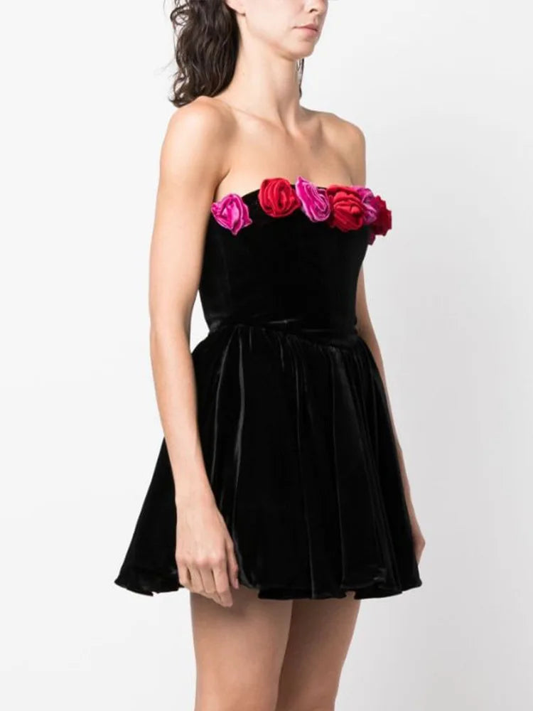 Red Strapless 3D Flower Mini Party Dress
