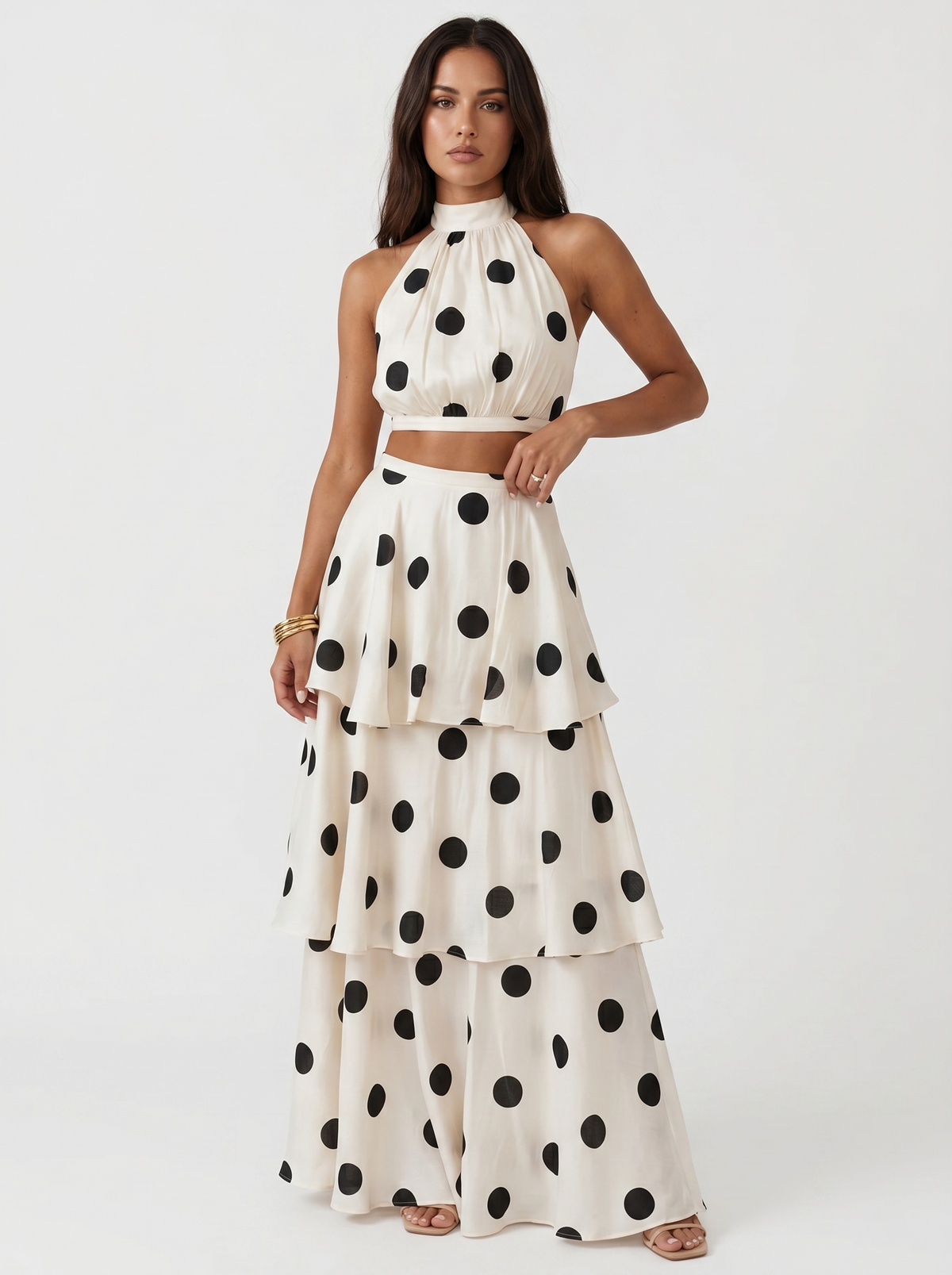 Polka Dot Halter Crop Top and Tiered Maxi Skirt Two Piece Set 2