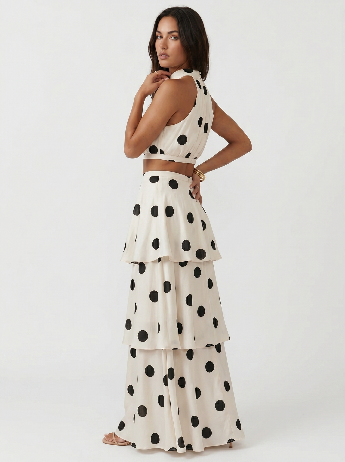 Polka Dot Halter Crop Top and Tiered Maxi Skirt Two Piece Set 4
