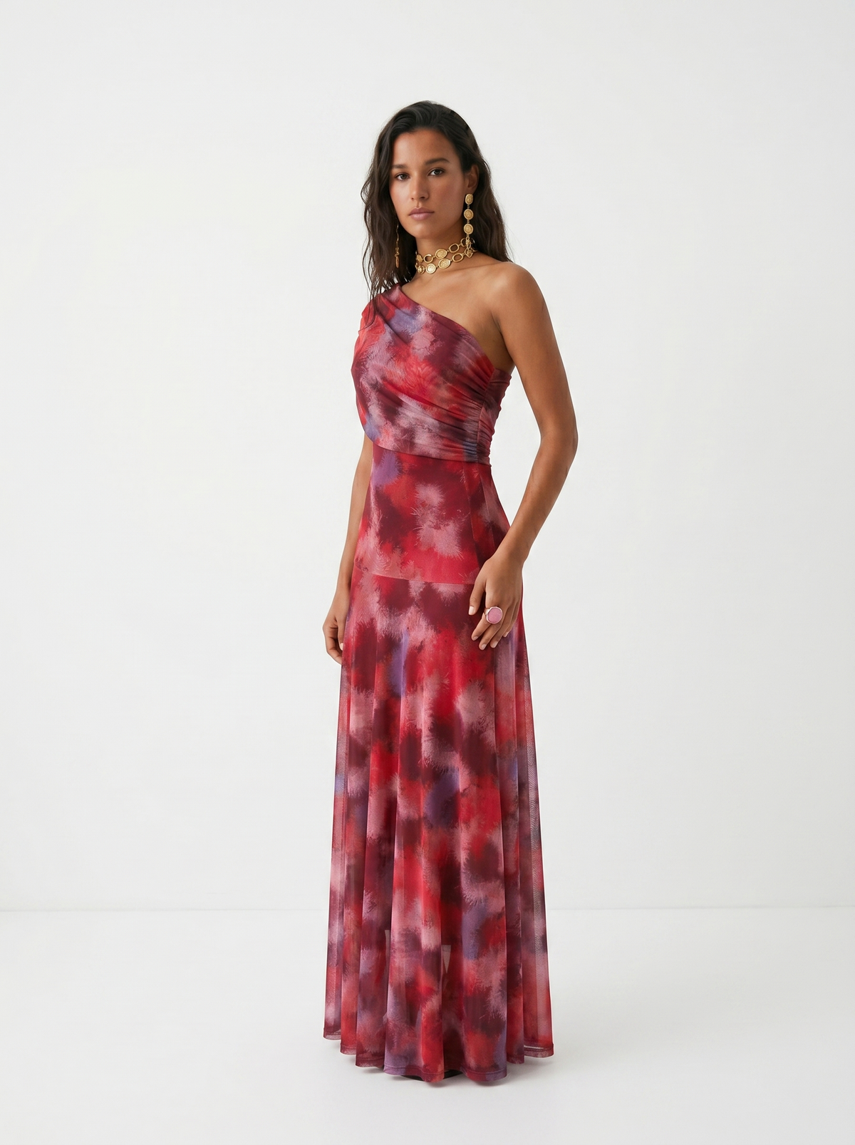 Abstract Print Chiffon One Shoulder Ruched Maxi Gown 4