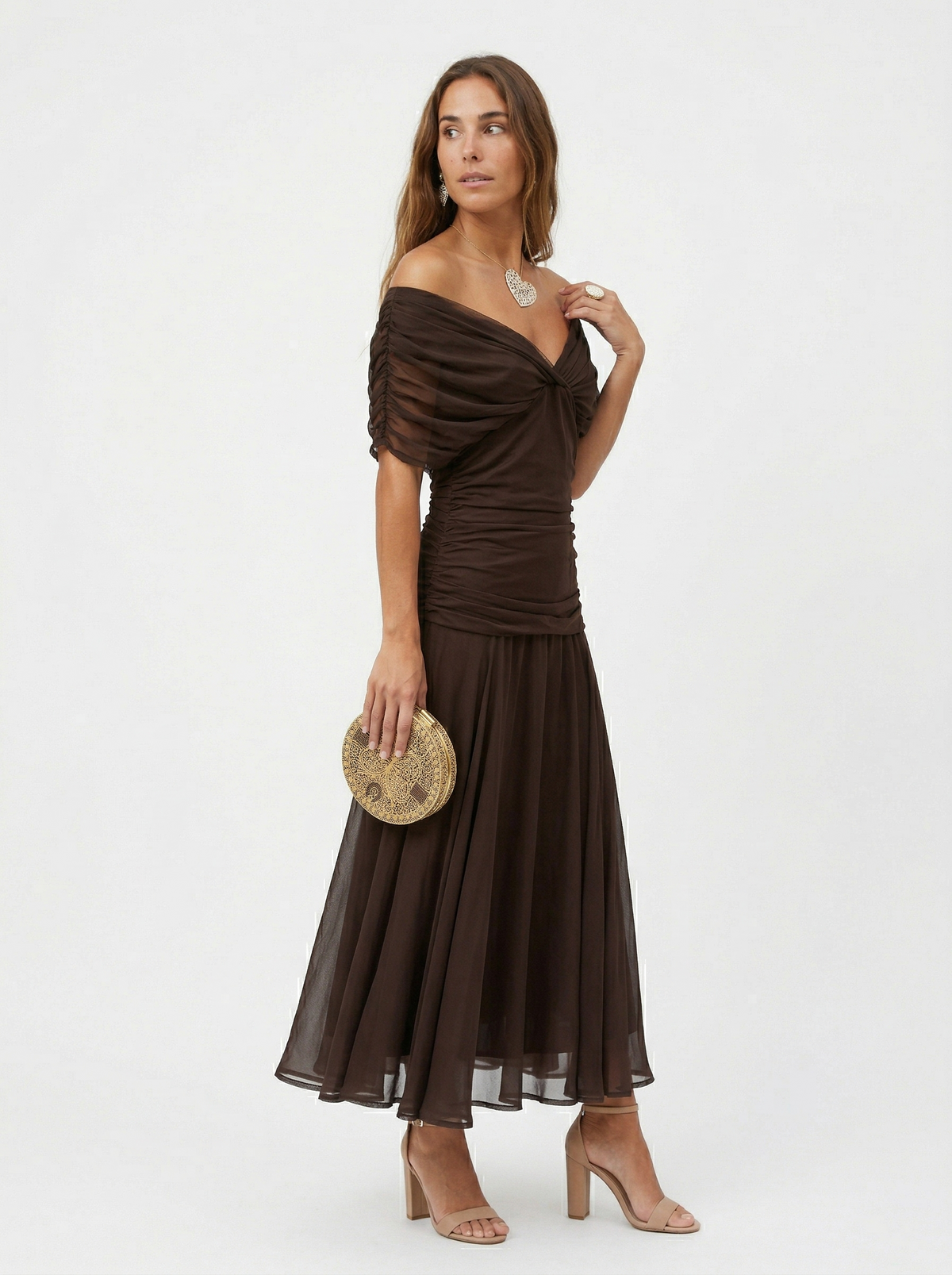 Floral Chiffon Off Shoulder Ruched Wedding Guest Dress 13