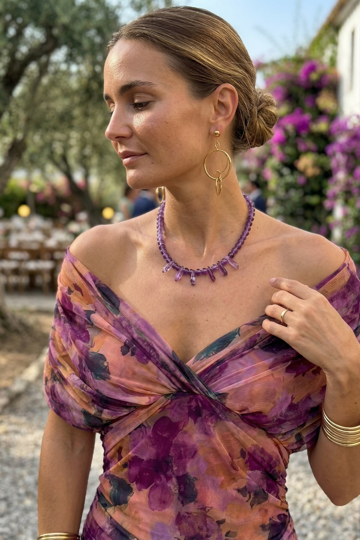 Floral Chiffon Off Shoulder Ruched Wedding Guest Dress 2