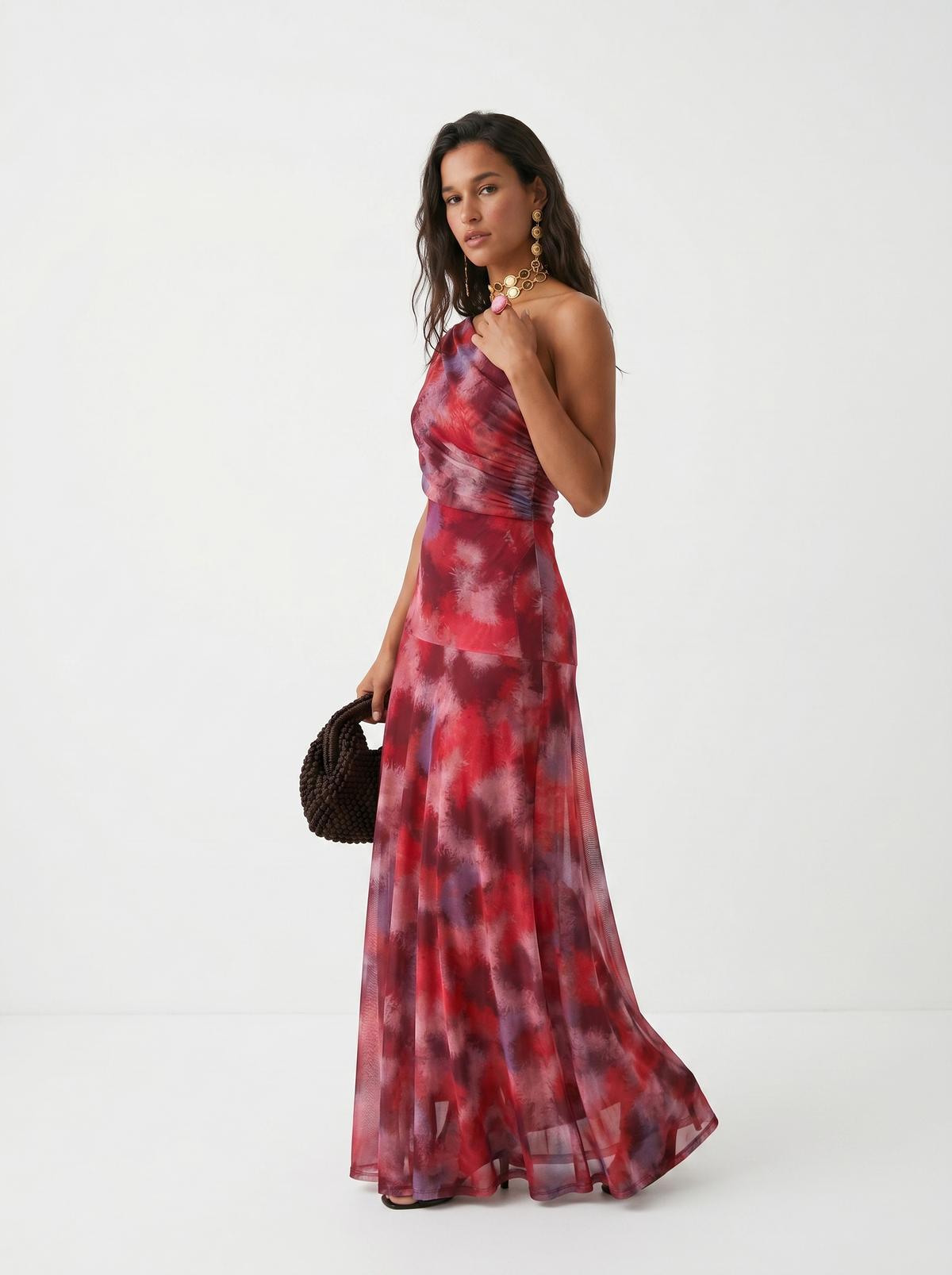 Abstract Print Chiffon One Shoulder Ruched Maxi Gown 2