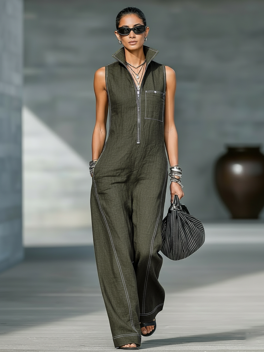 Sleeveless Stand Collar Half Zip Wide Leg Jumpsuit 6