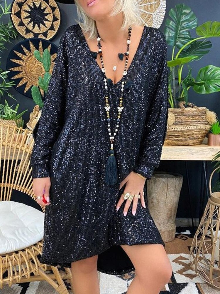 Sequin Deep V-Neck Long Sleeve Oversized Shift Mini Party Dress
