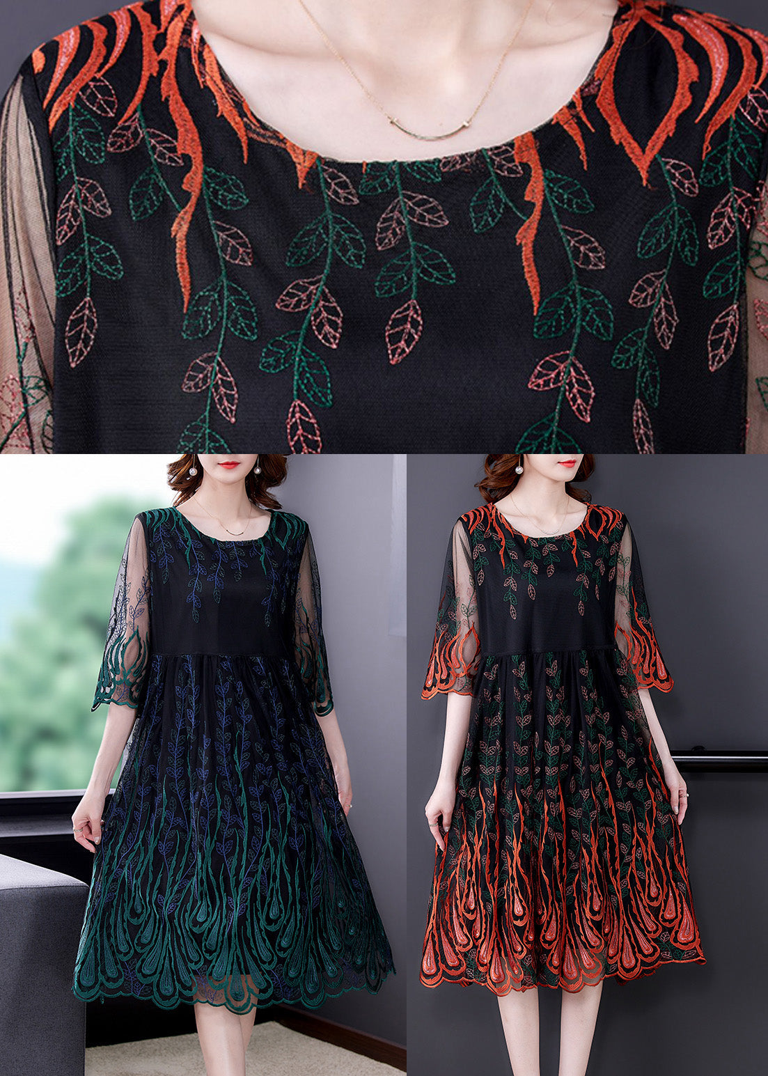 Mesh Crew Neck Three Quarter Sleeve Peacock Embroidery Midi Dress - View 5