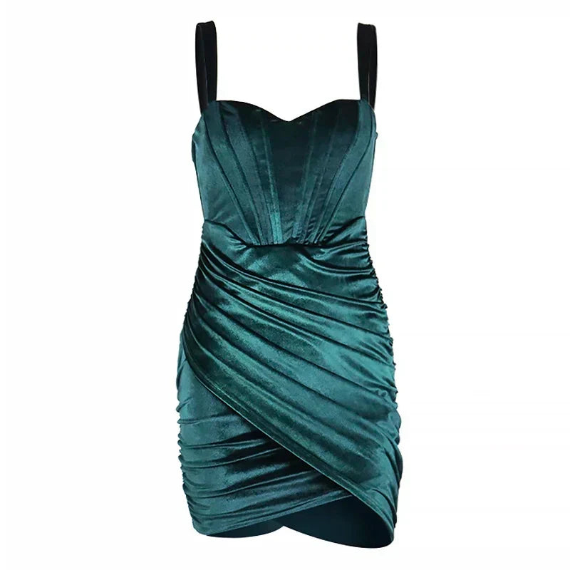 Green Velvet Corsets Party Mini Dress Elegant Spaghetti Strap Bodycon Christmas / S Dresses-L