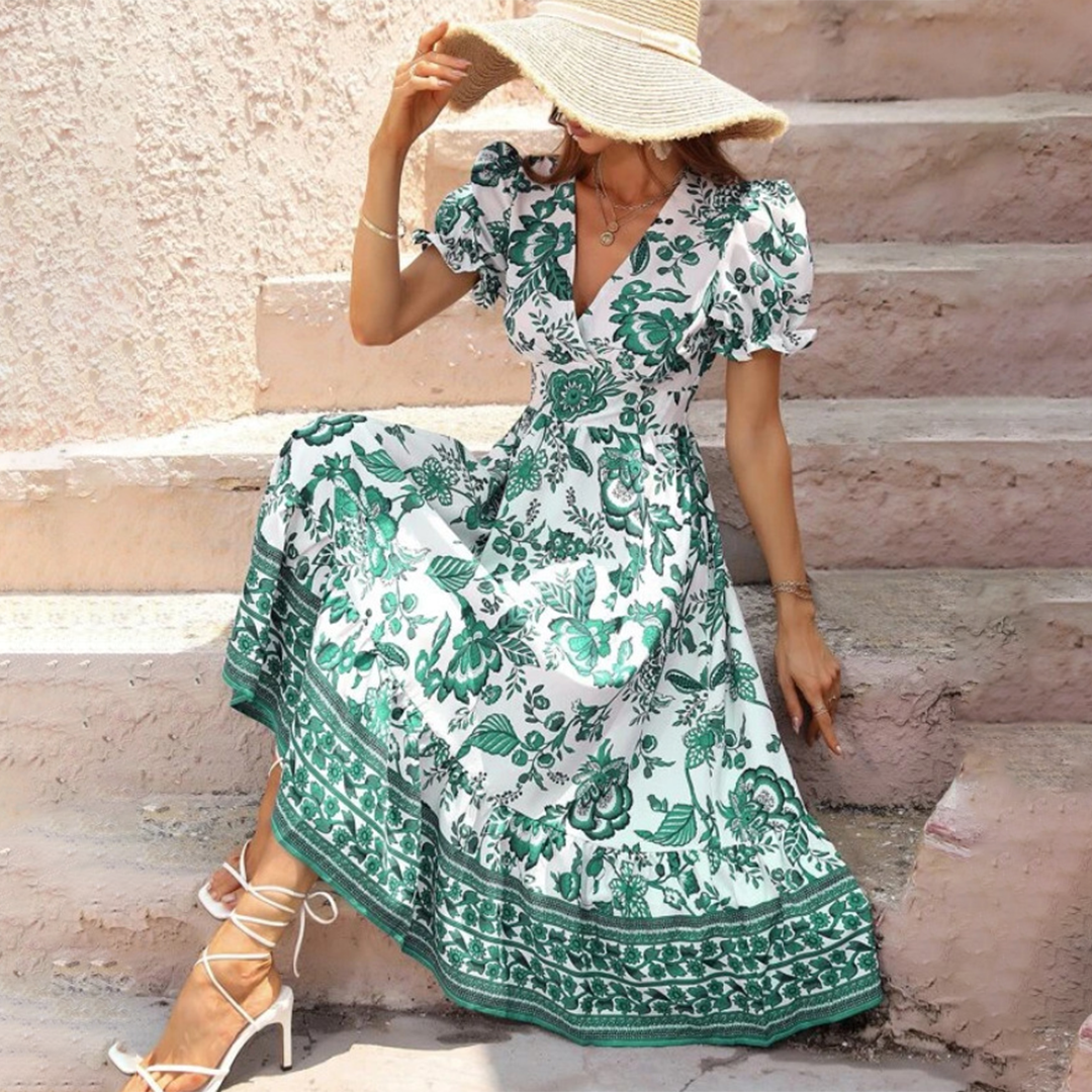 Floral Print V-Neck Puff Sleeve Tiered Ruffle Hem Midi Summer Dress - View 5
