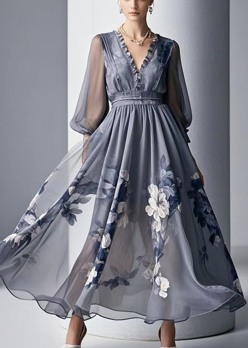 Grey Print Chiffon Dresses Ruffled Exra Large Hem Summer - View 3