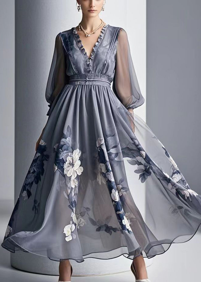 Grey Print Chiffon Dresses Ruffled Exra Large Hem Summer - View 5