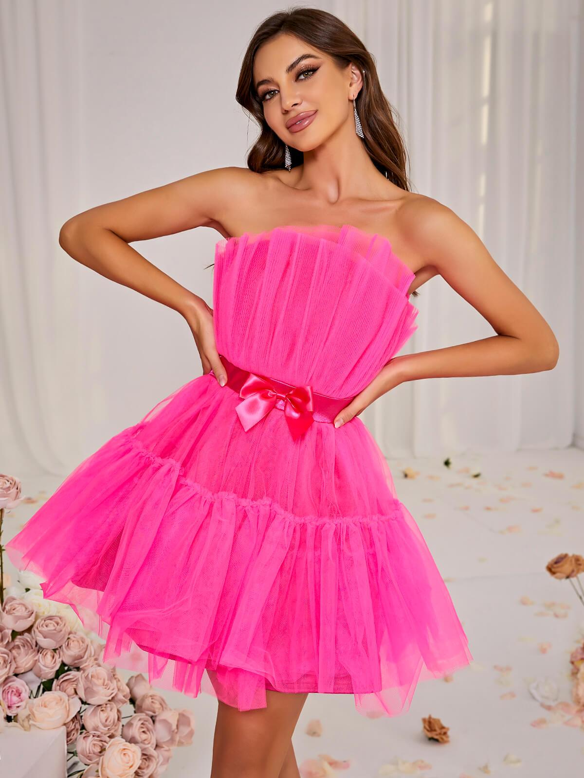 Guinevere Strapless Mesh Mini Dress In Hot Pink