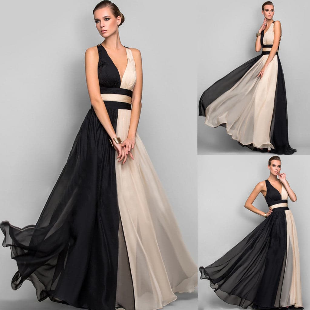 Colorblock Chiffon V-Neck Pleated A-Line Maxi Gown - View 6