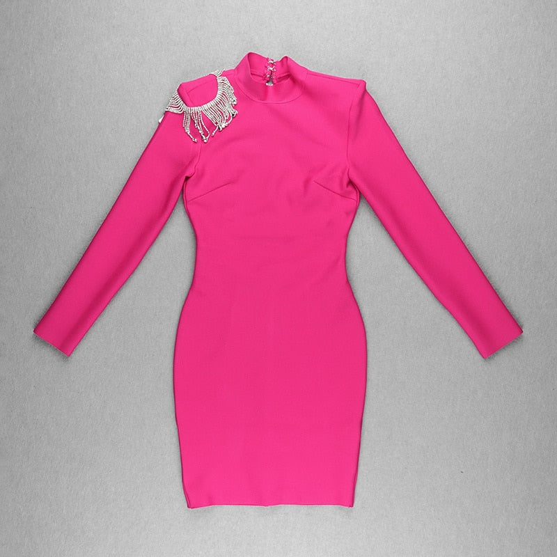 Mock Neck Long Sleeve Backless Rhinestone Fringe Bandage Mini Dress 41