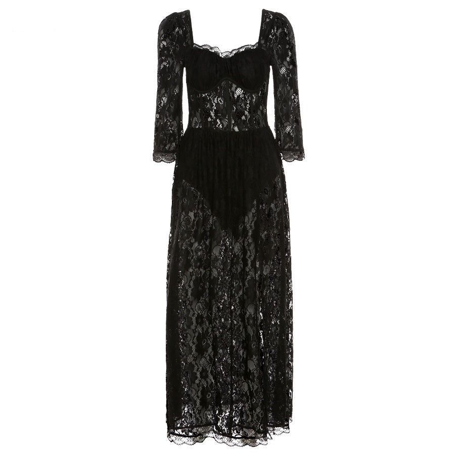 Mystery Doll Lace High Slit Maxi Dress - View 7