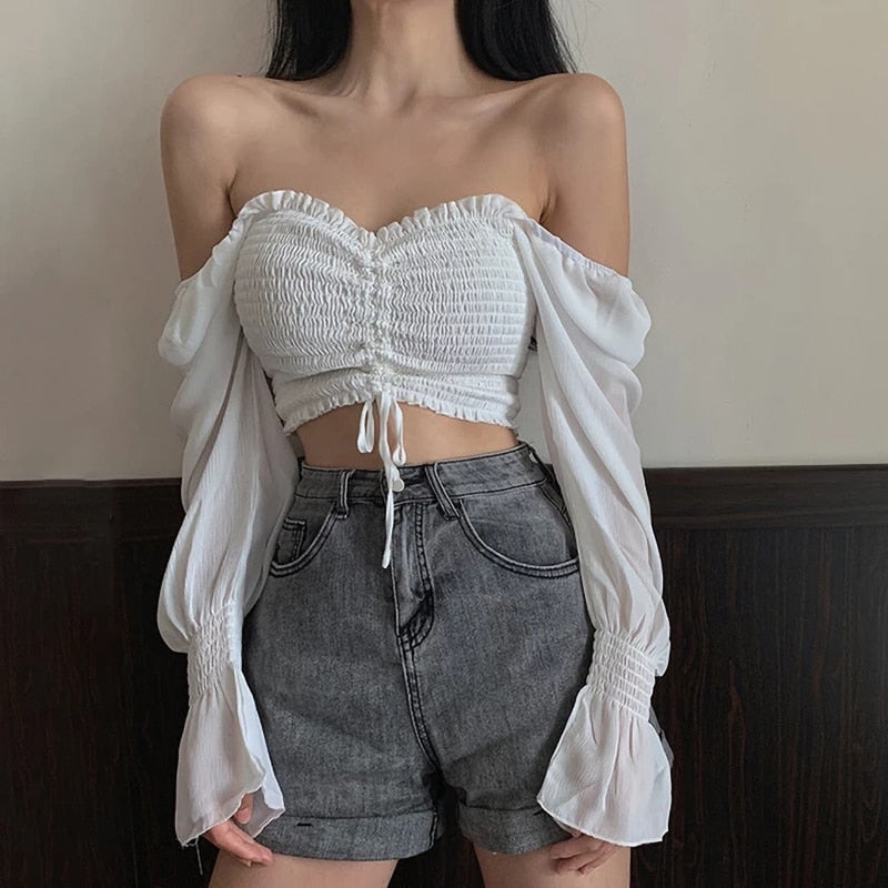 Fashion Puff Arm Chiffon Crop - Blouse Top