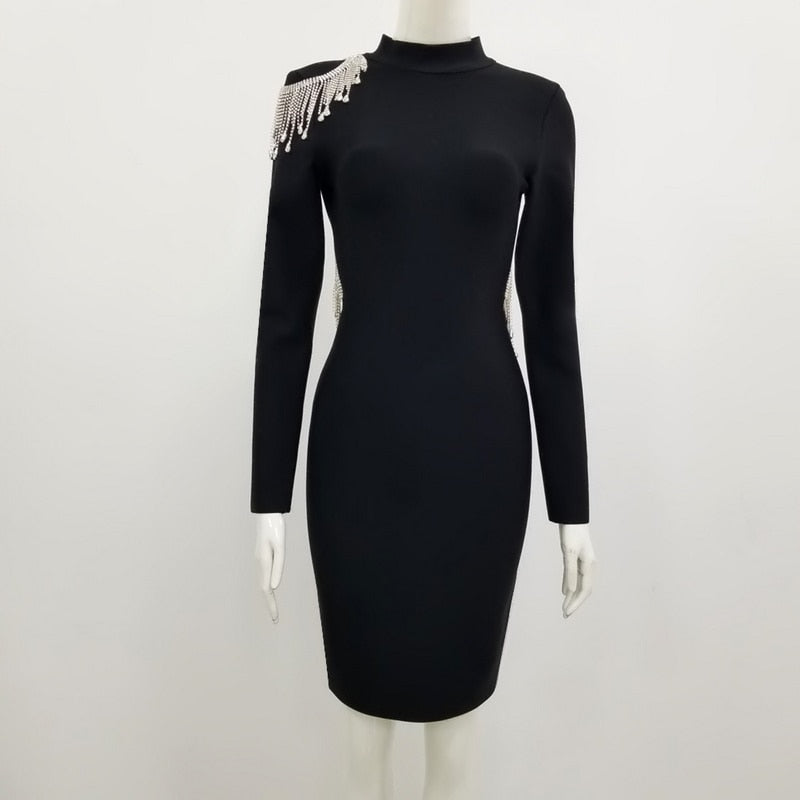 Mock Neck Long Sleeve Backless Rhinestone Fringe Bandage Mini Dress 47