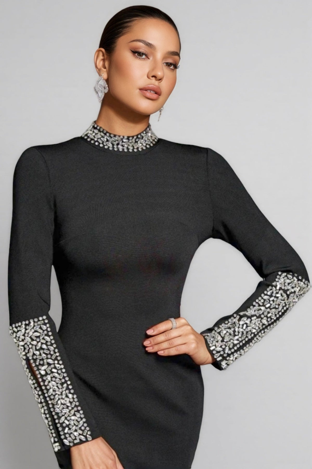 Rhinestone Mock Neck Long Sleeve High Split Bandage Maxi Dress - View 4