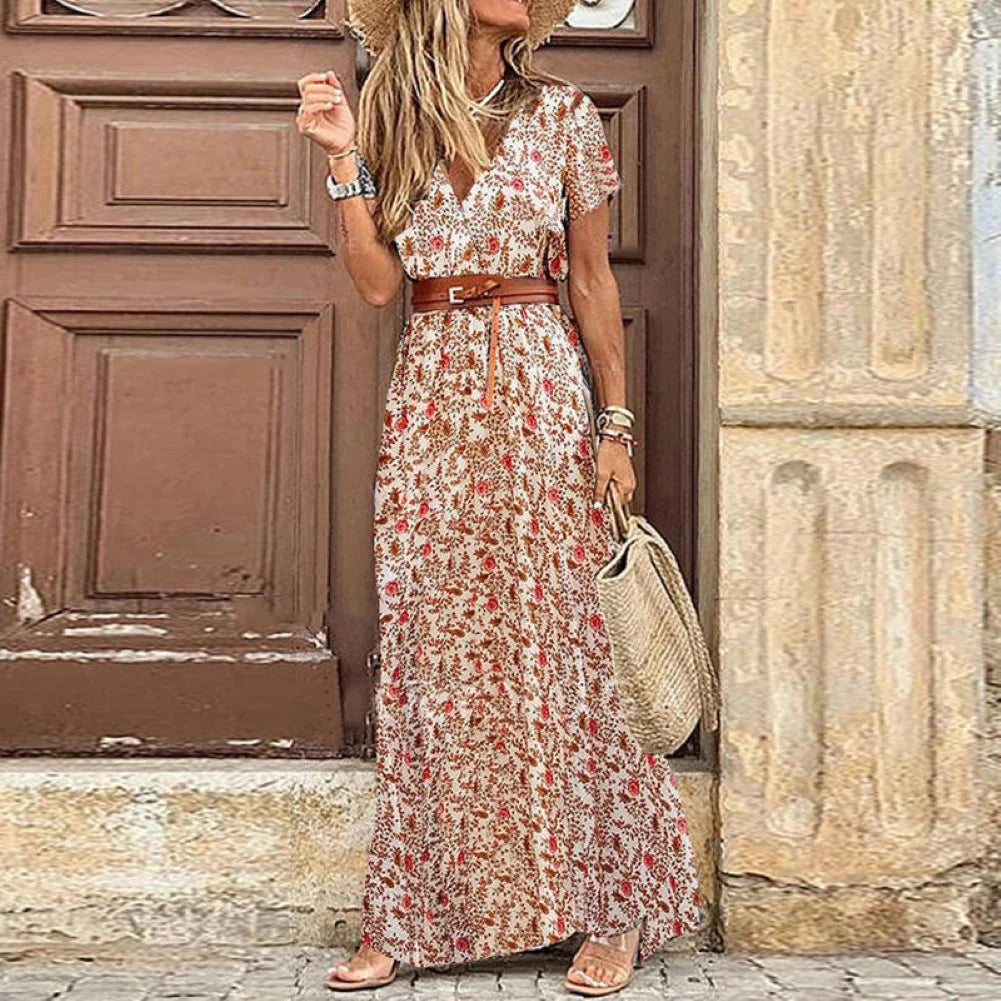 V-Neck Short Sleeve Paisley Print Belted Flowy Maxi Dress