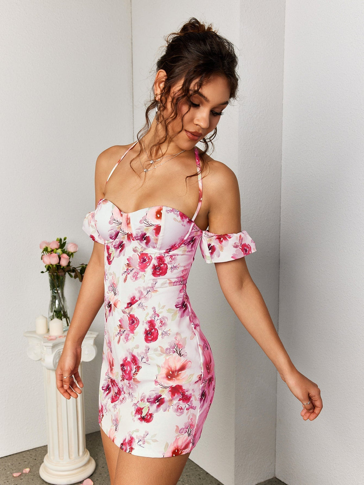 Floral Off Shoulder Sweetheart Ruffle Corset Bodycon Mini Dress - View 6