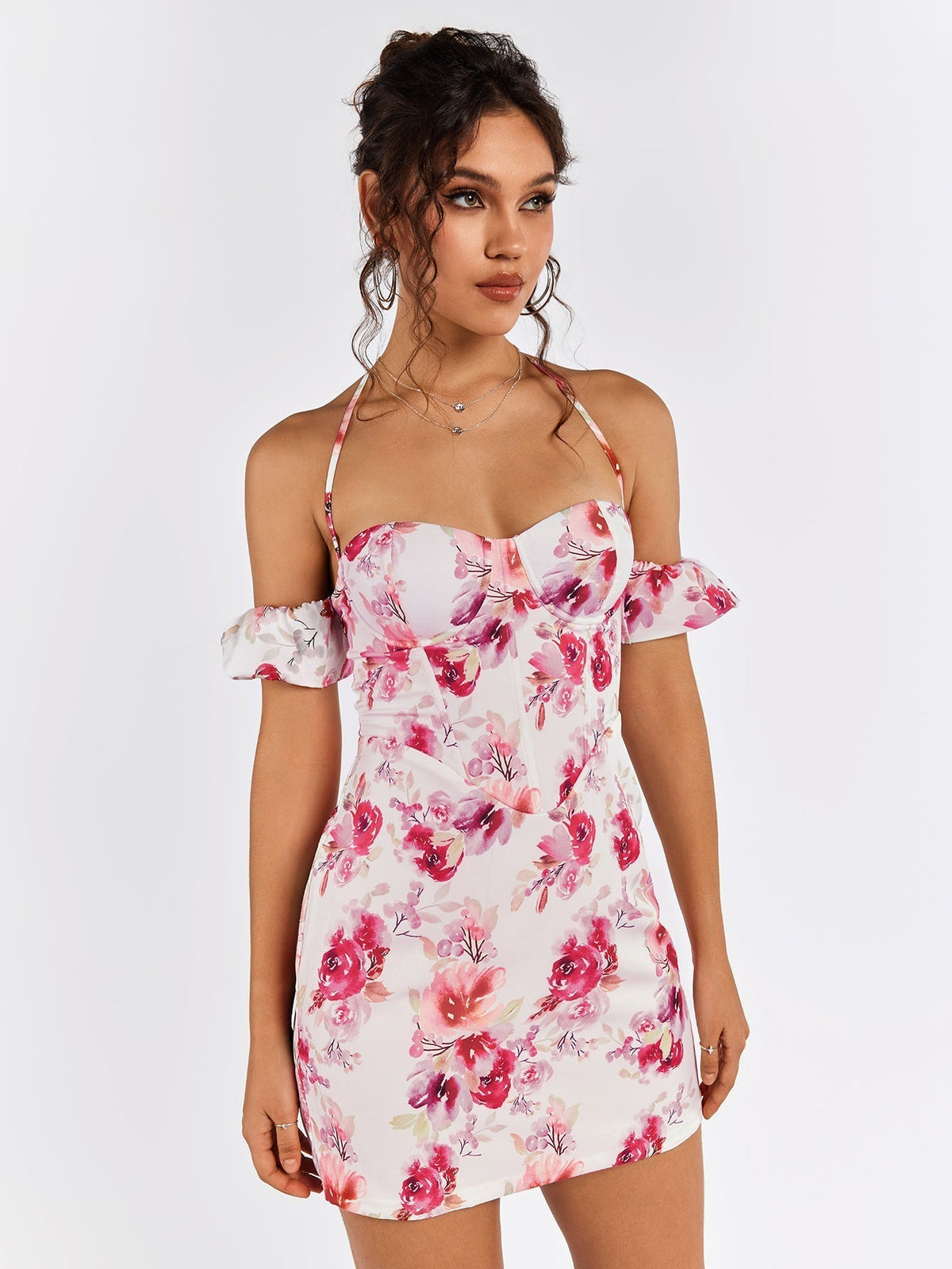Floral Off Shoulder Sweetheart Ruffle Corset Bodycon Mini Dress - View 3