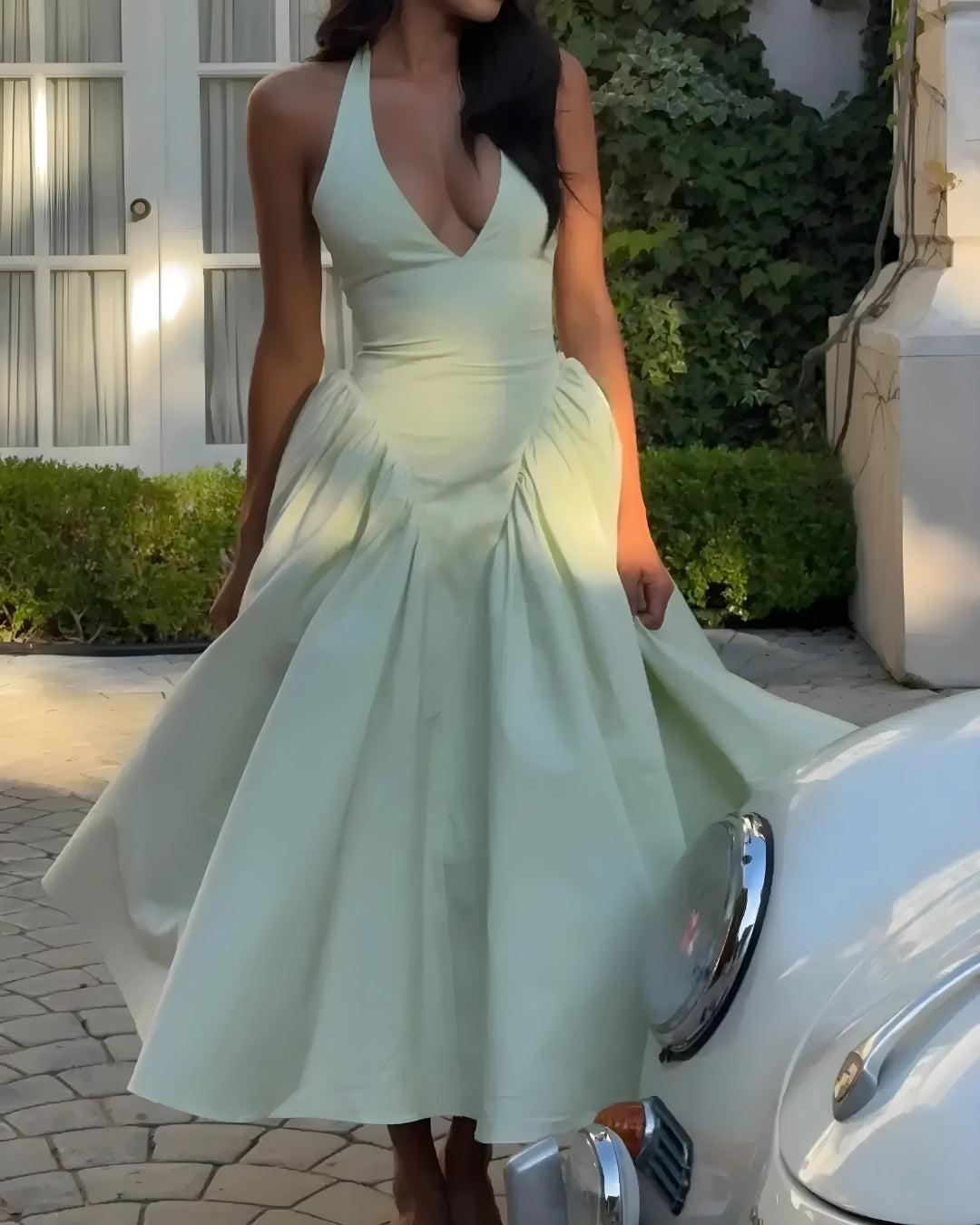 Halter Deep V-Neck Ruched Fit and Flare Midi Dress - View 3
