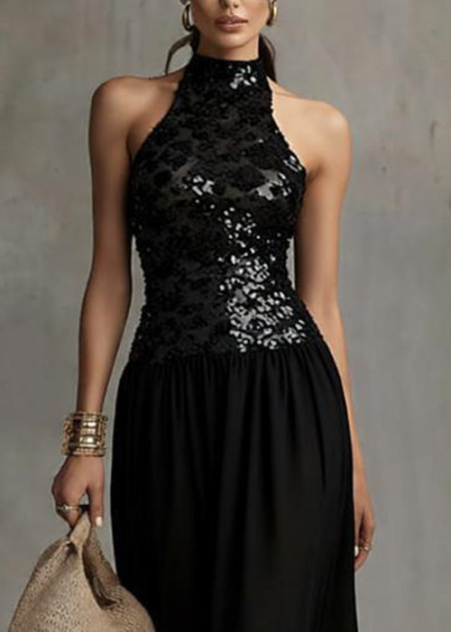Handmade Black Backless Sequins Patchwork Tulle Long Dress Sleeveless - View 2