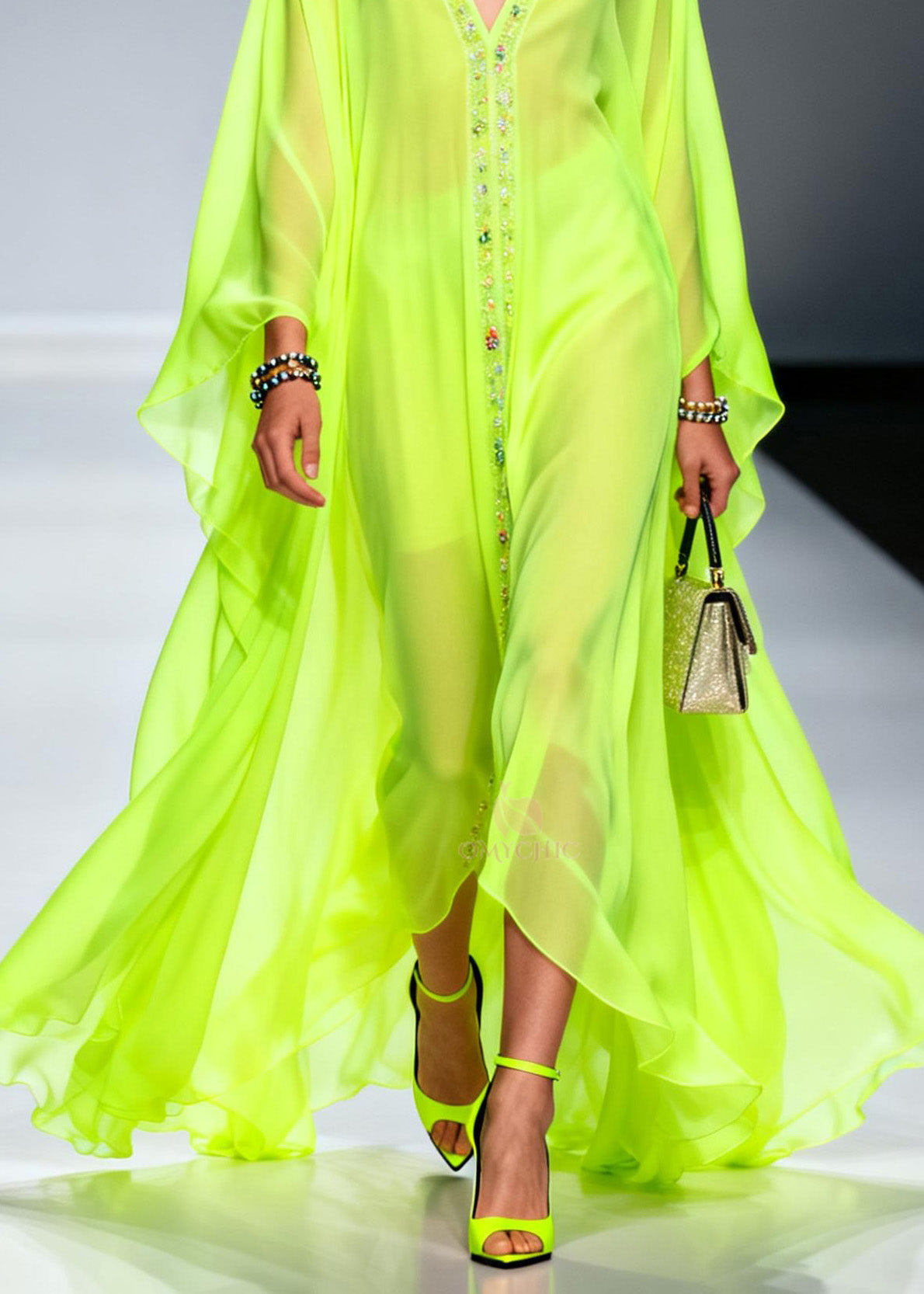 Beaded Trim Deep V-Neck Butterfly Sleeve Sheer Chiffon Maxi Gown - View 4