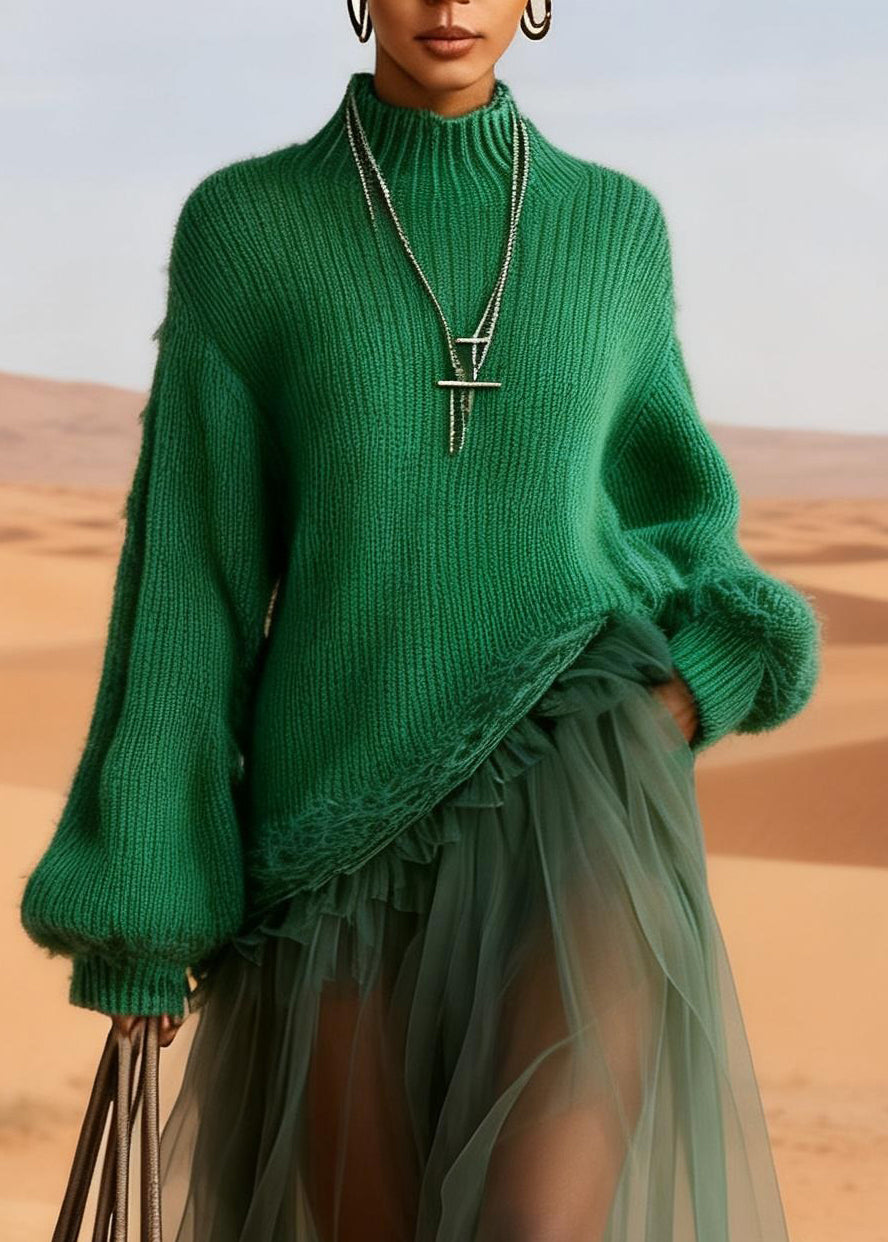 Handmade Green Tulle Maxi Dresses Ruffled Knitted Cotton Patchwork Lanter Sleeve - View 2