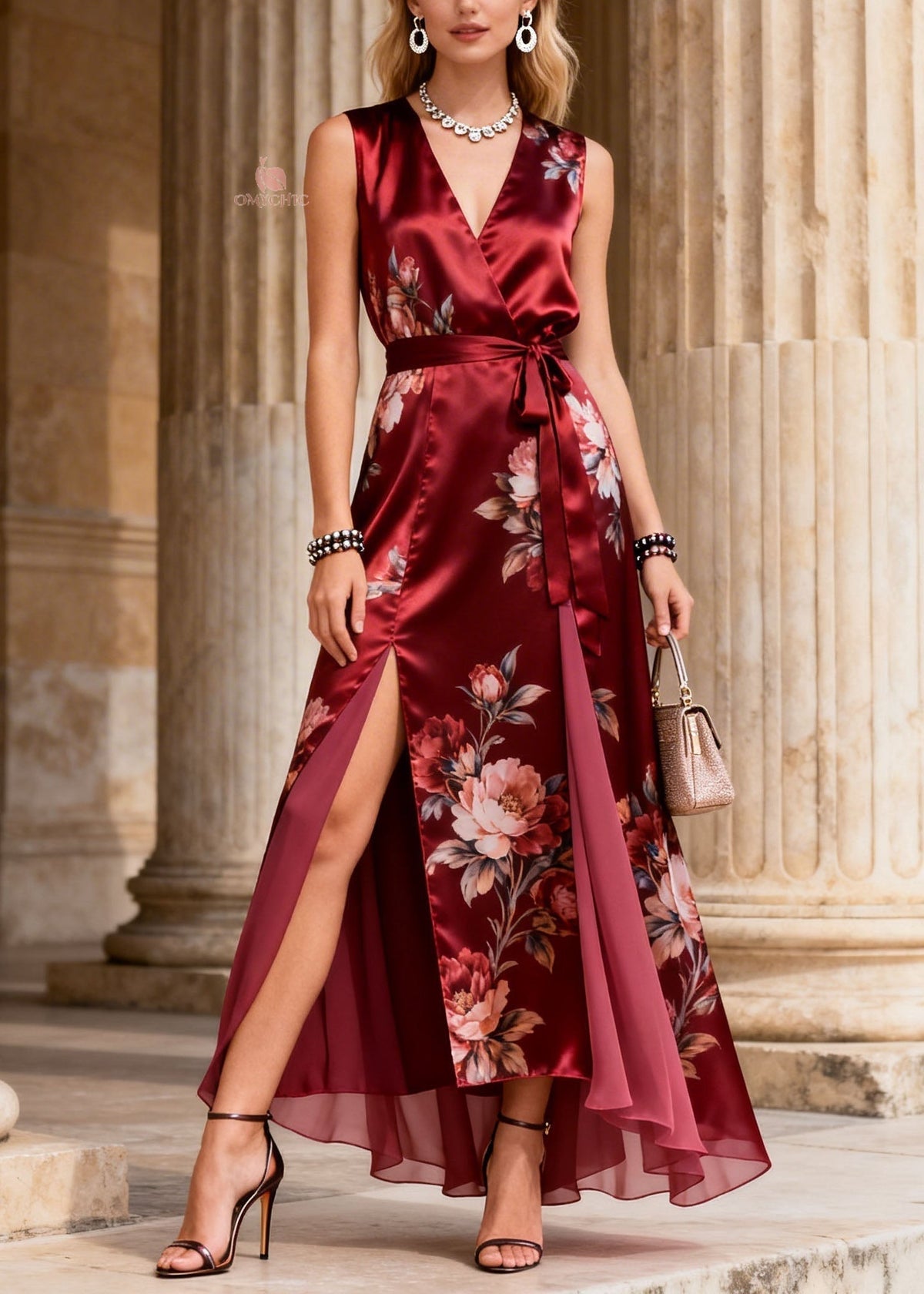 Floral Print Sleeveless Wrap Tie Waist Double High Split Layered Chiffon Maxi Gown