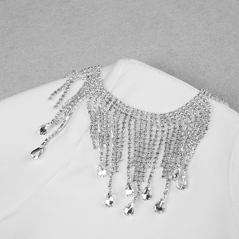 Mock Neck Long Sleeve Backless Rhinestone Fringe Bandage Mini Dress 34