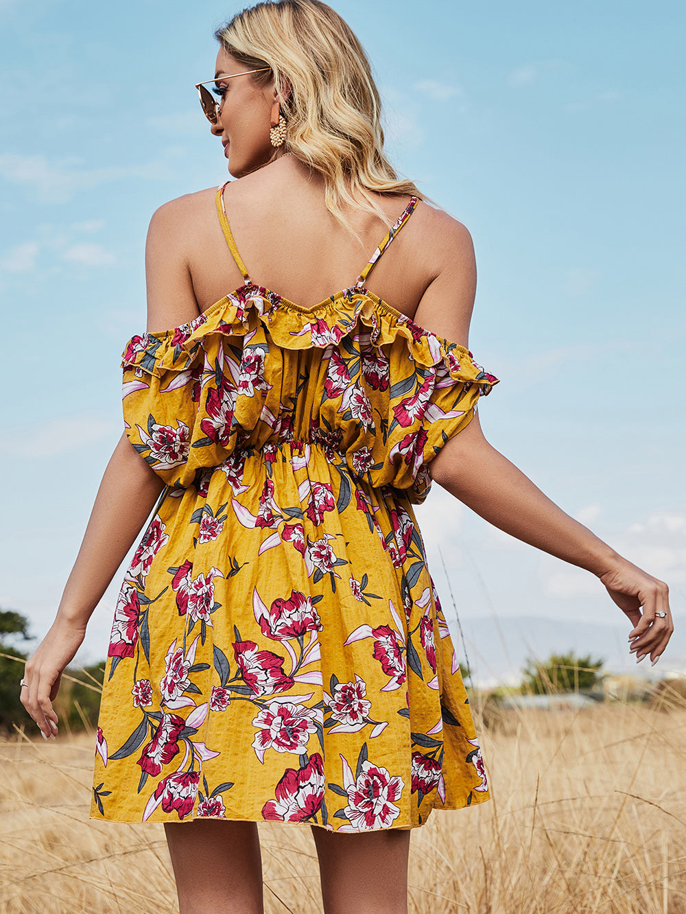 Floral Cold Shoulder Ruffle V-Neck Flowy Mini Summer Dress - View 3