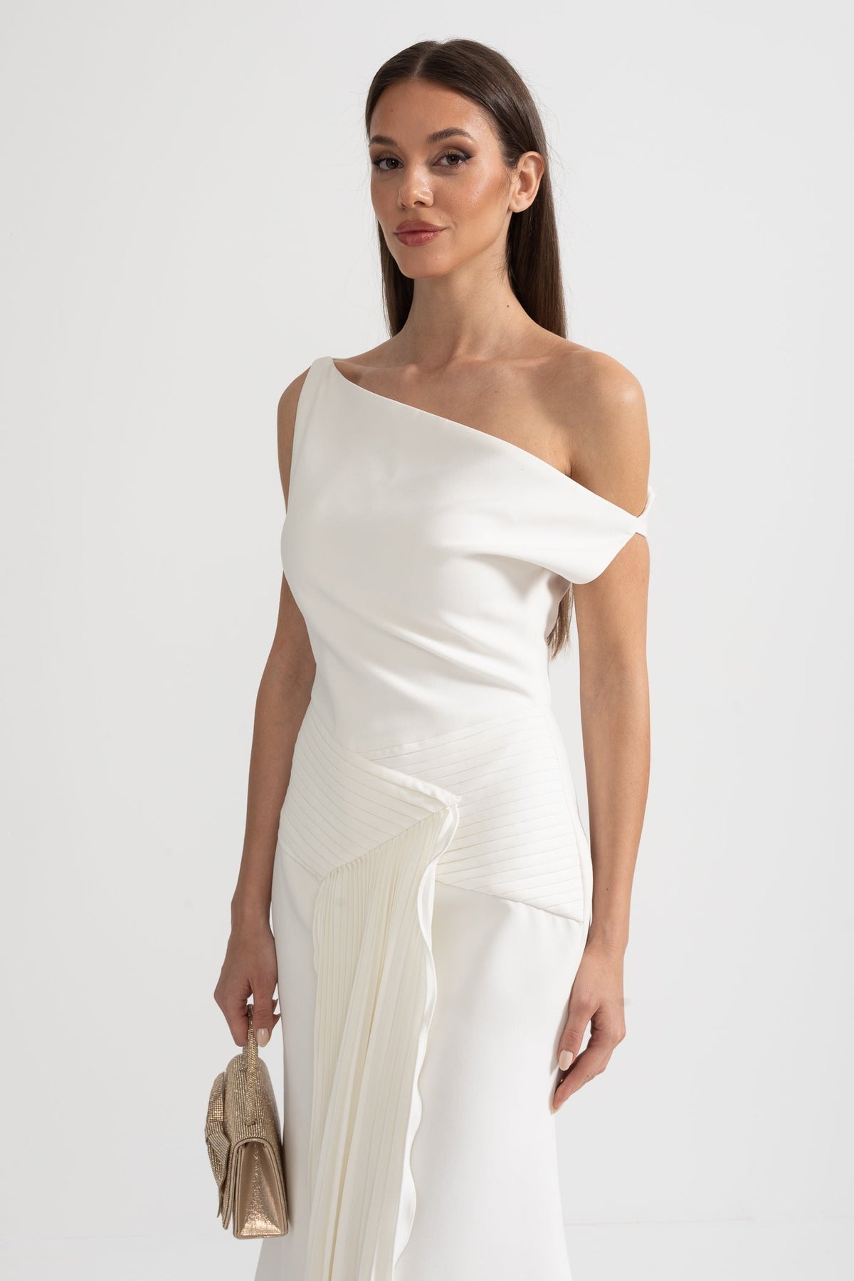 One Shoulder Asymmetric Pleated Side Panel Gathered Waist Midi Dress - View 6