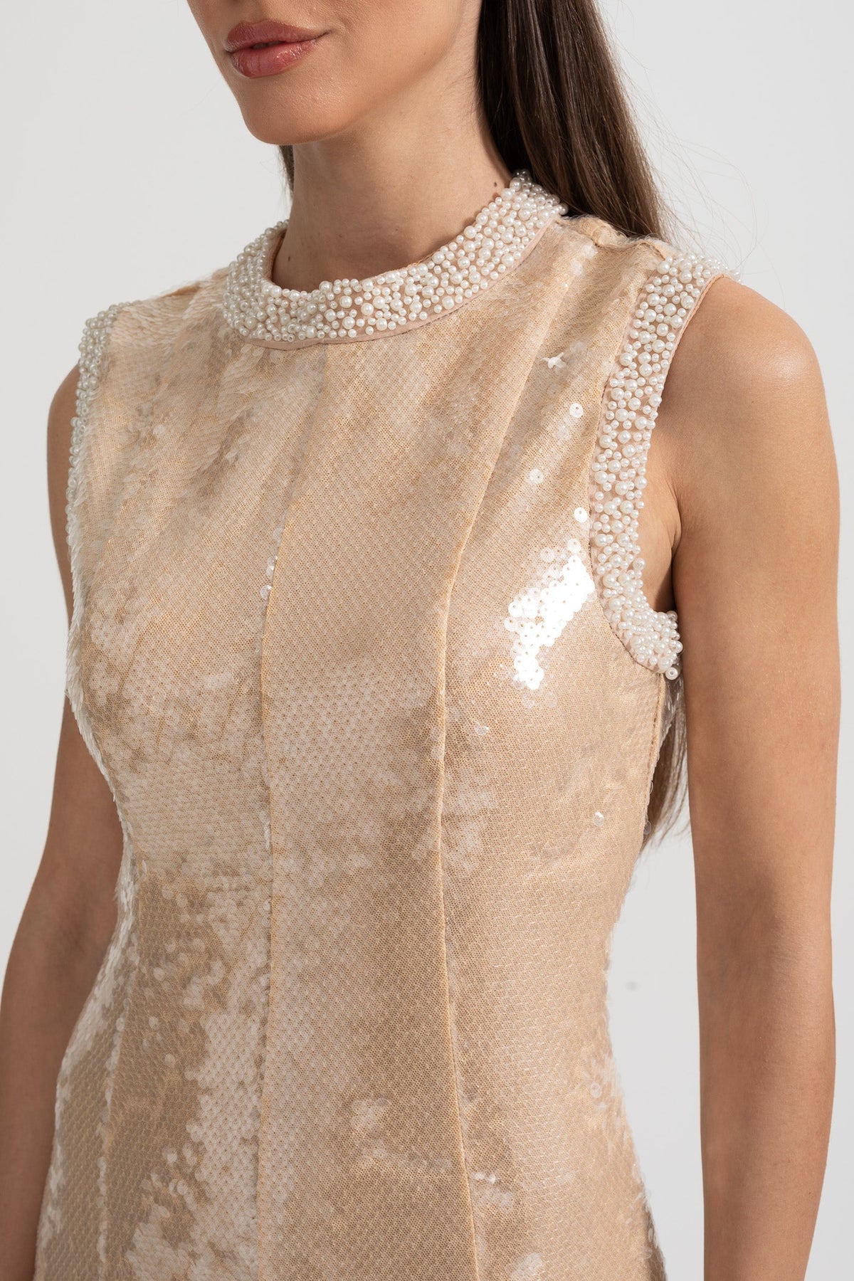 Sequin Sleeveless High Neck Pearl Trim Tea Length Midi Dress - View 11