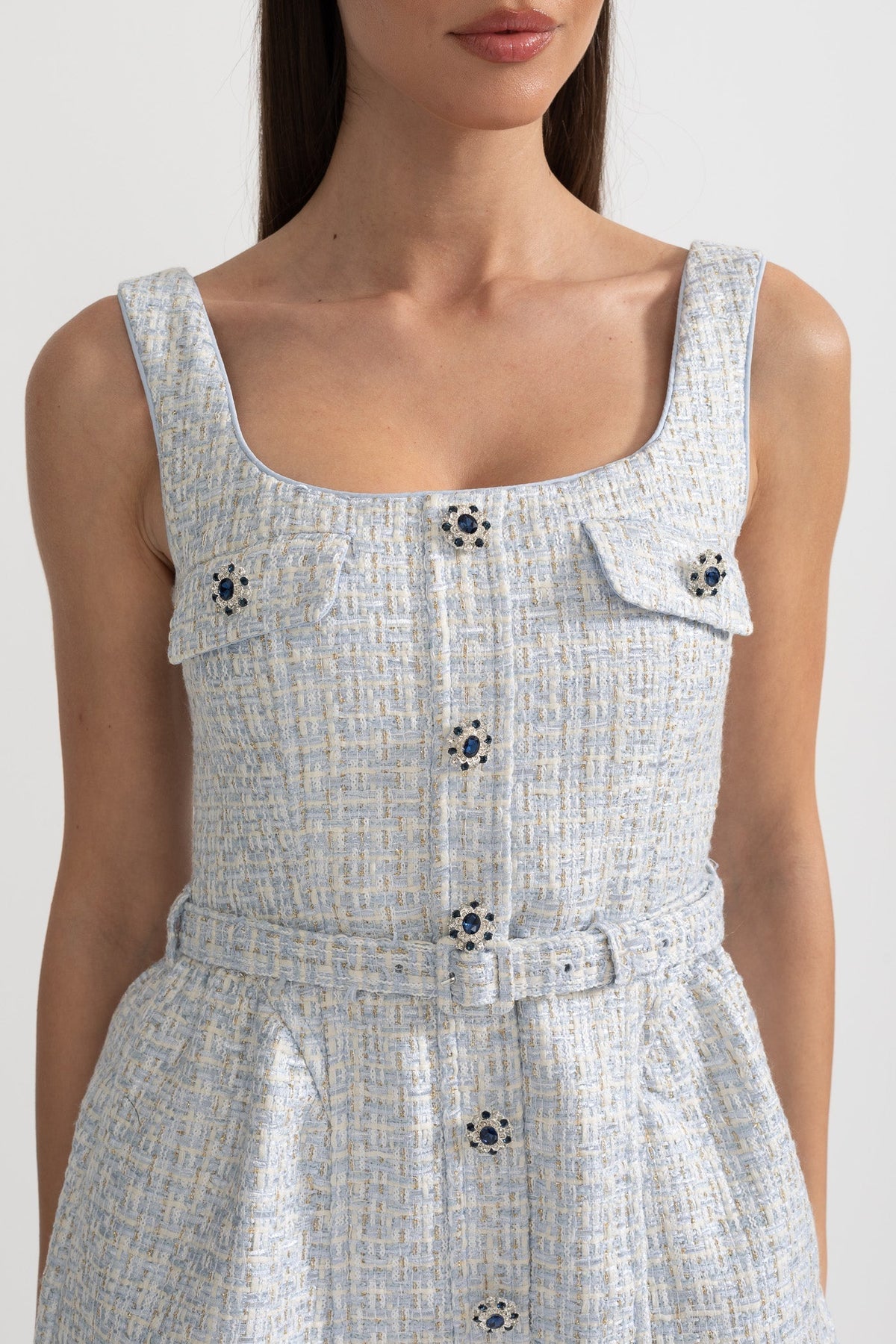 Tweed Square Neck Sleeveless Jewel Button Belted Mini Dress - View 4