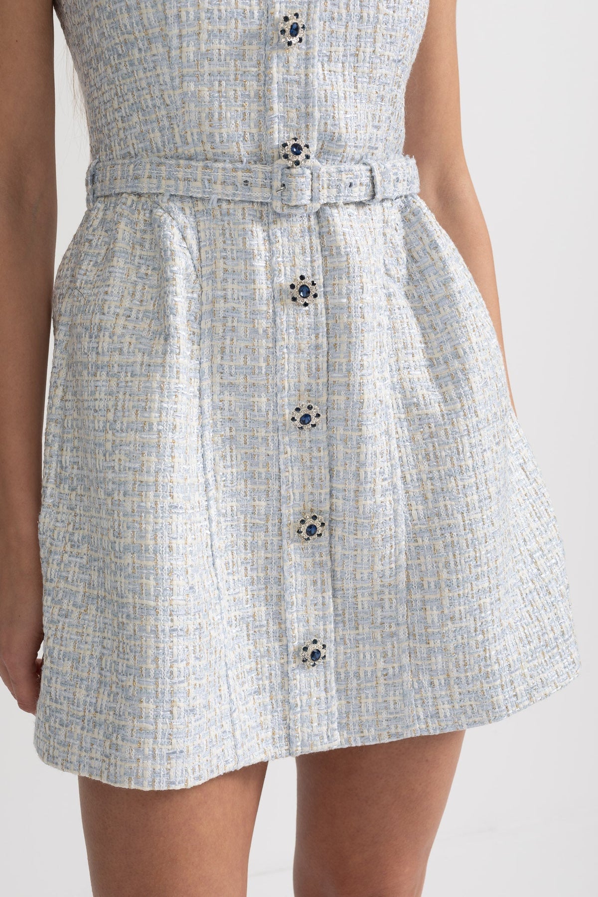 Tweed Square Neck Sleeveless Jewel Button Belted Mini Dress - View 5