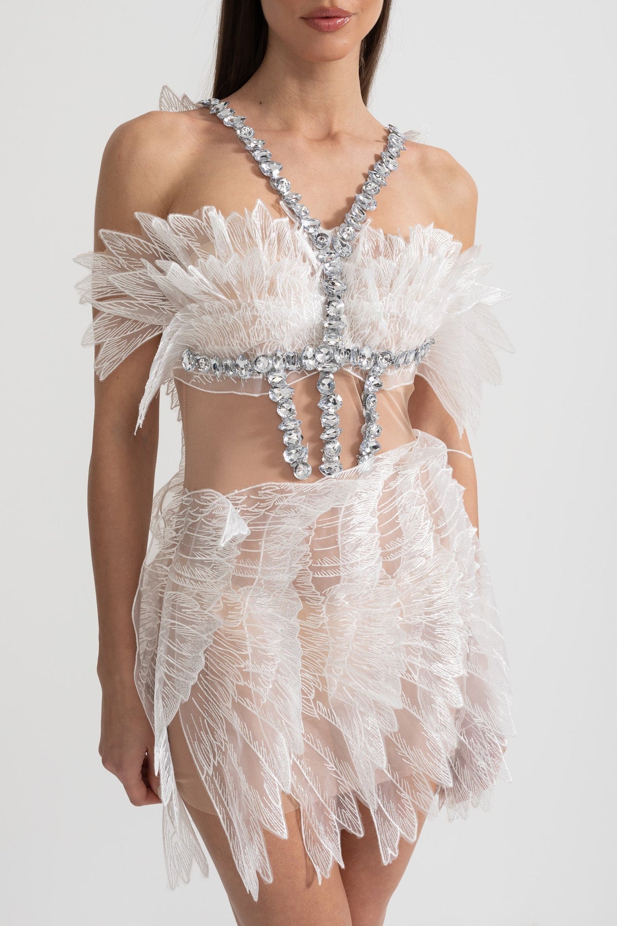 Crystal Wing Applique Mesh Sheer Waist Strapless Mini Dress - View 8