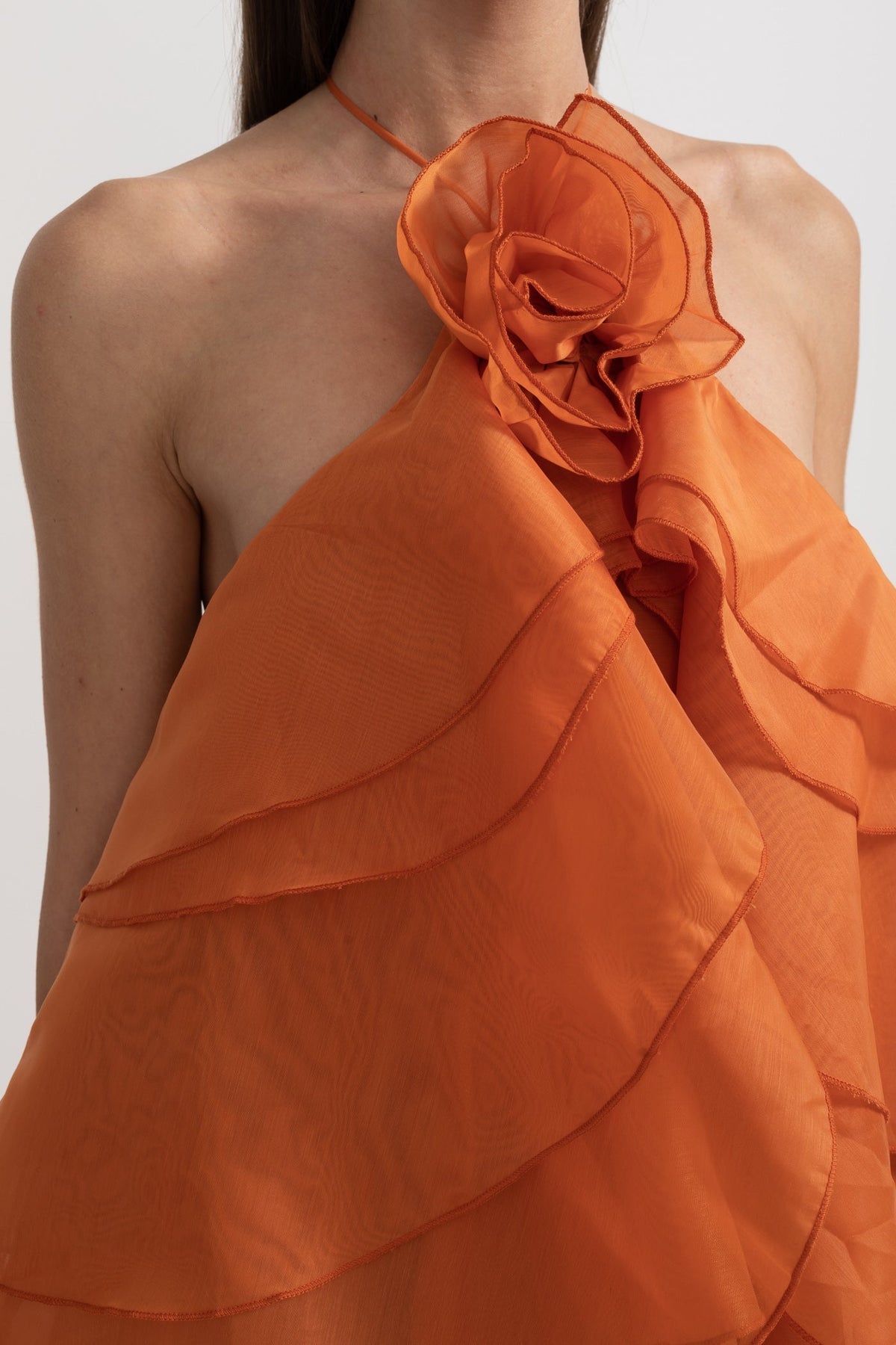 Layered Ruffle Halter Dress With Decorative Neckline Flower - Orange - View 3