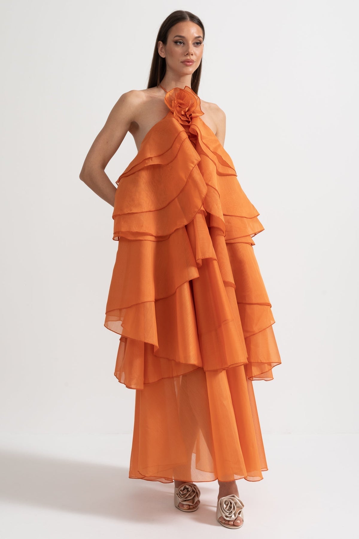 Layered Ruffle Halter Dress With Decorative Neckline Flower - Orange - View 7