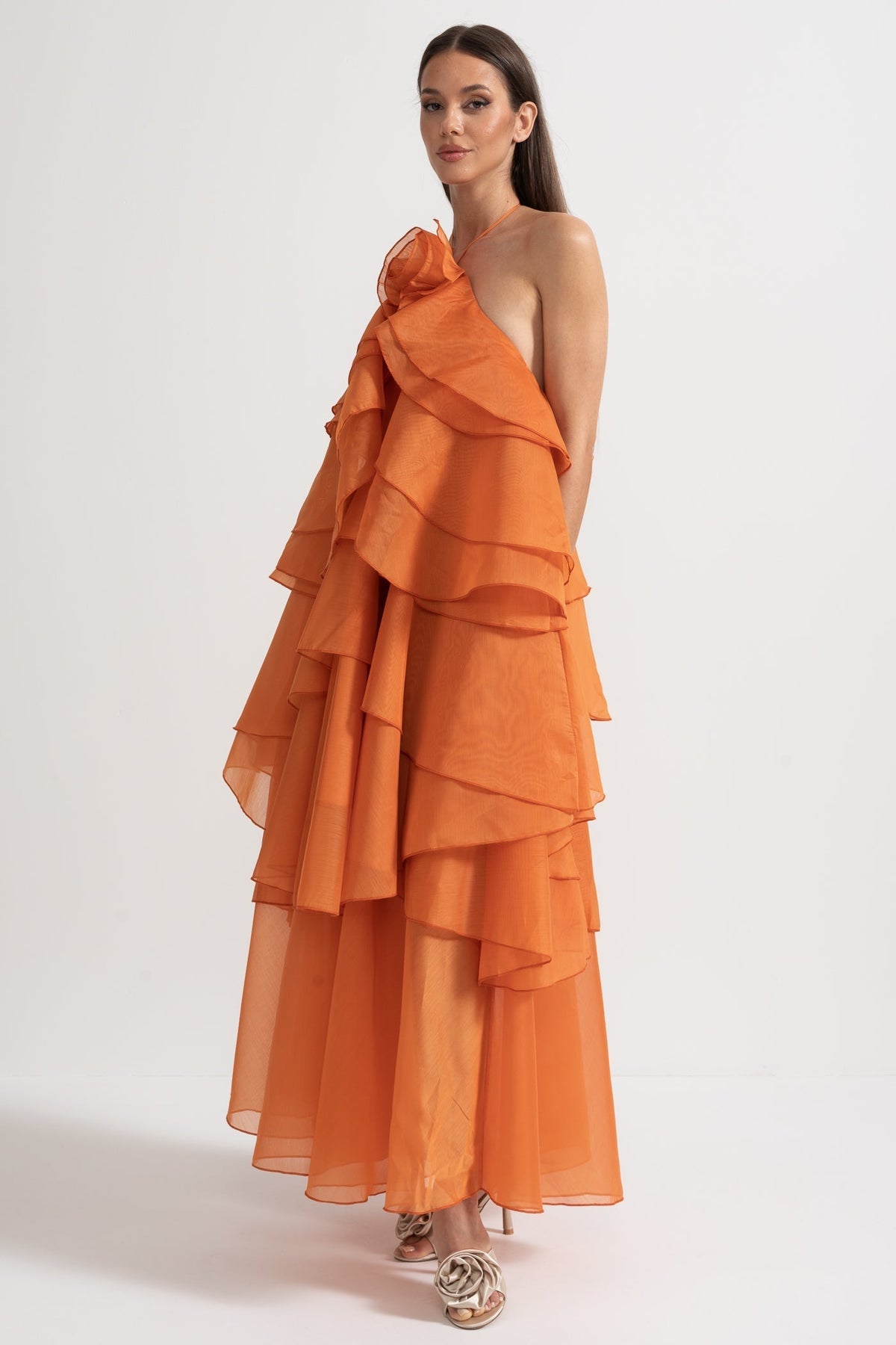 Layered Ruffle Halter Dress With Decorative Neckline Flower - Orange - View 10