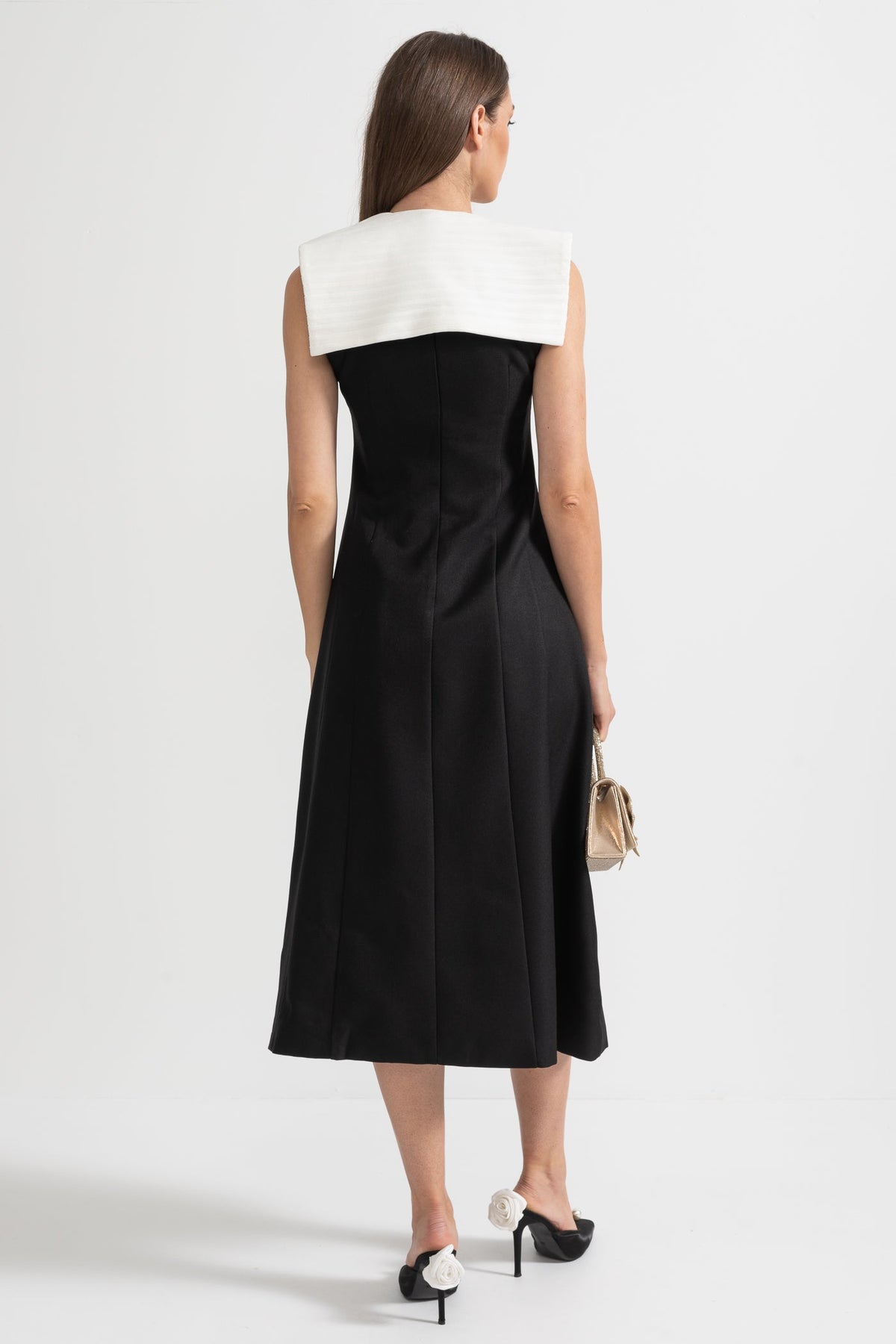 Oversized Collar Contrast Stitch Panel Sleeveless Midi Dress - View 11