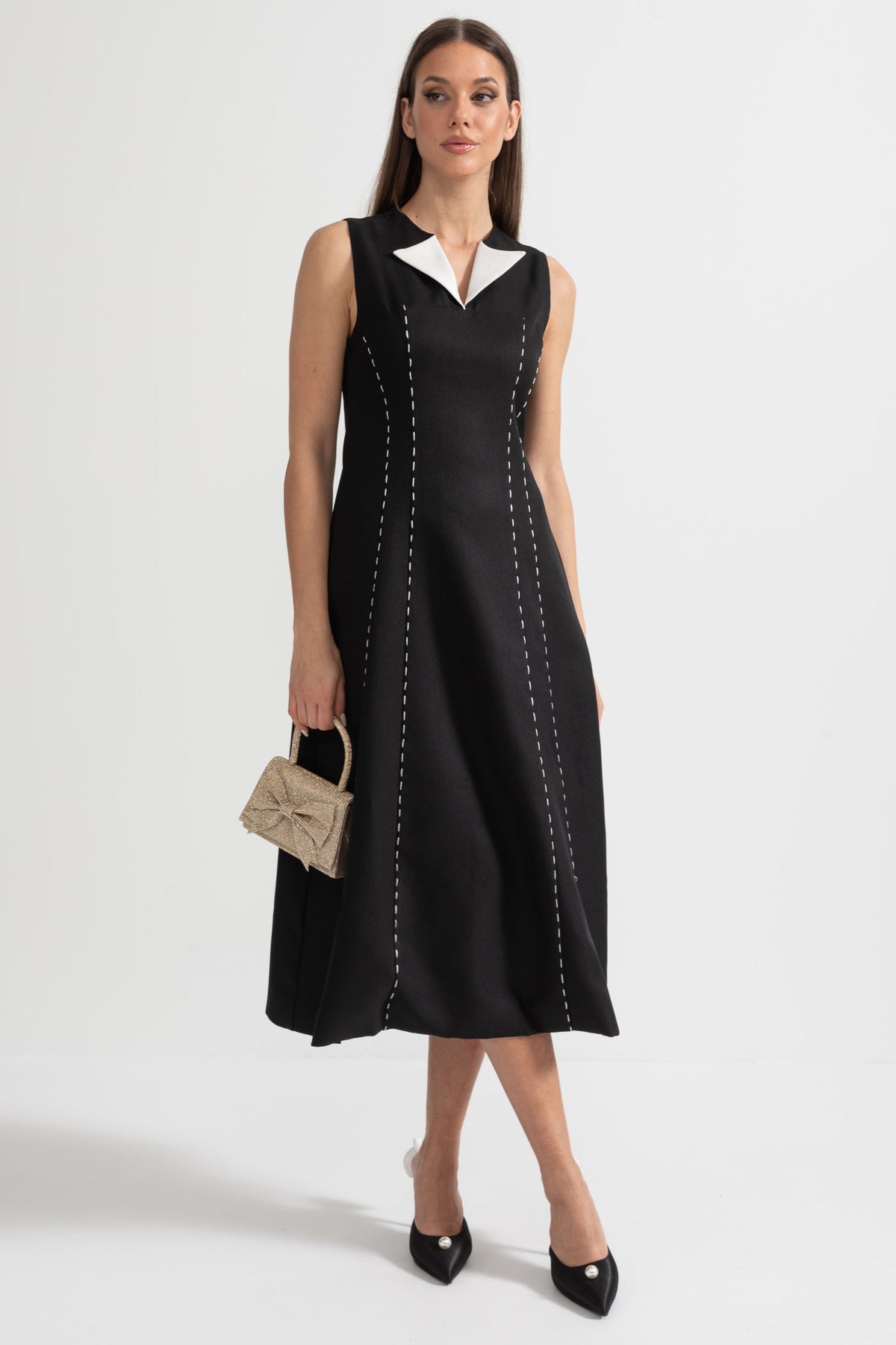Oversized Collar Contrast Stitch Panel Sleeveless Midi Dress - View 2