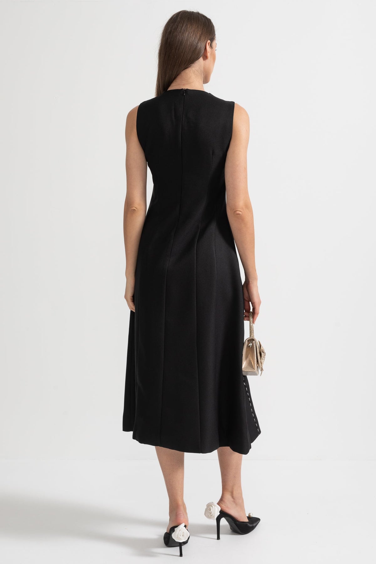 Oversized Collar Contrast Stitch Panel Sleeveless Midi Dress - View 12